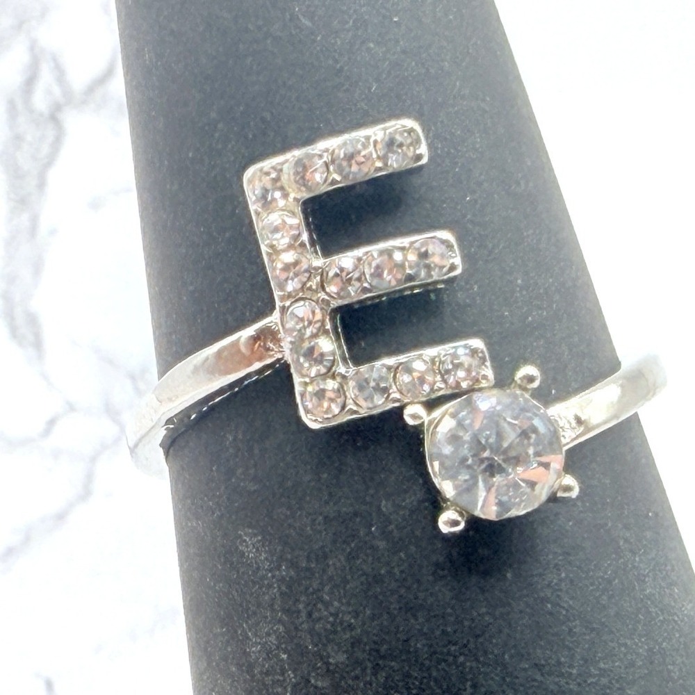 Silver Tone "E" Initial Ring Size 6.75 Colorless Stone Personalized Letter Ring